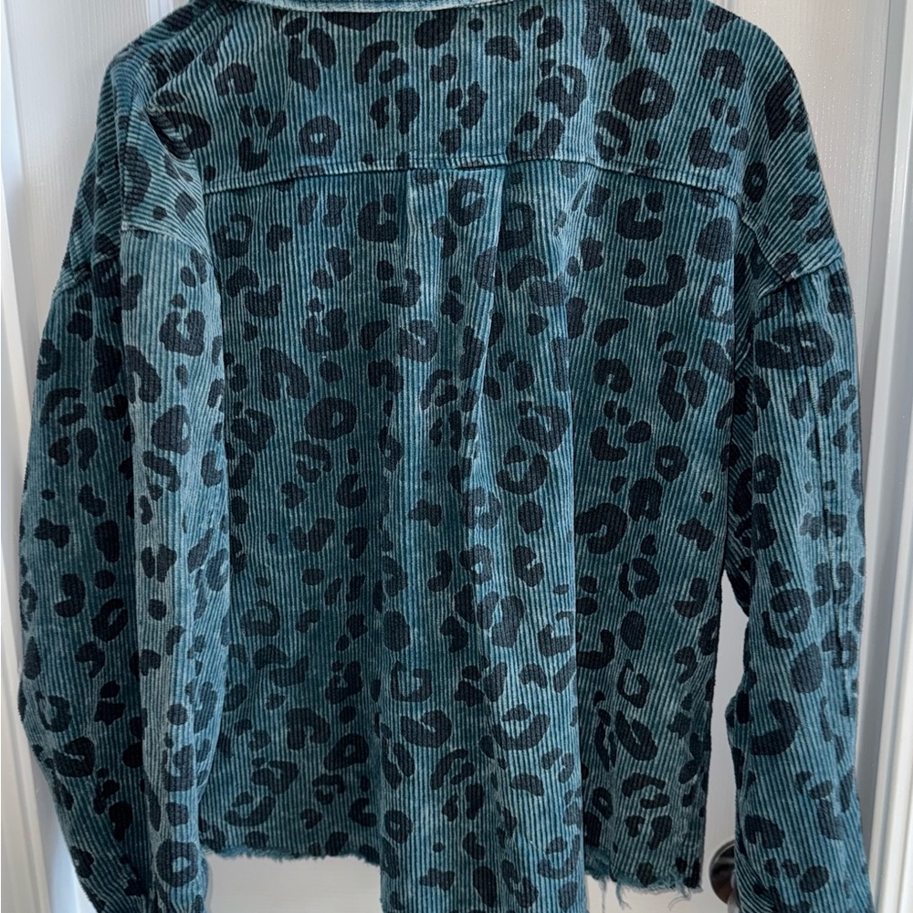 Vintage Bibi Washed Leopard Corduroy Button up Jacket Womens L Raw Hem Boho Blue - Picture 4 of 11